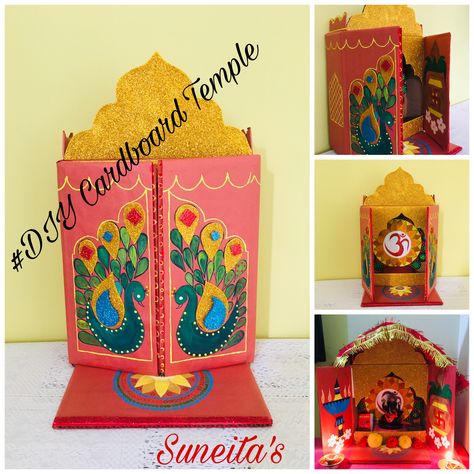 DIY temple made with cardboard and paper craft. Ganesh Makhar #DIY #CardboardCraft Cardboard Temple Diy, Felt Boards, Ganapati Decoration, Pooja Mandir, Paper Craft Diy Projects, Felt Board, Cardboard Crafts, Craft Diy, Paper Crafts Diy