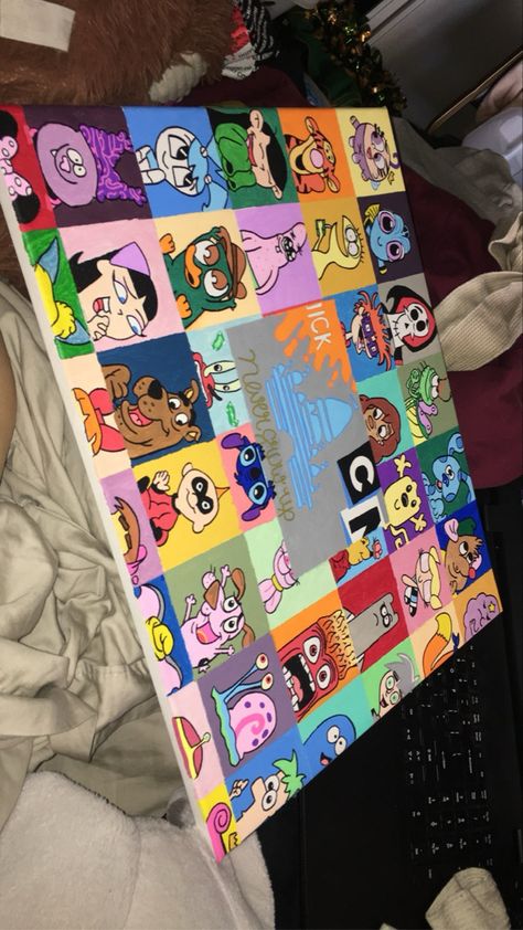 Acrylic Canvas Painting with Cartoon Characters Cartoon Character Canvas Painting, Penny Proud Painting Canvas, Canvas Painting Characters, Cartoon Character Painting Ideas, Cartoon Collage Painting, 90s Painting Ideas On Canvas, Cute Cartoon Paintings Easy, Painting Ideas On Canvas Characters, Acrylic Painting Cartoon Characters