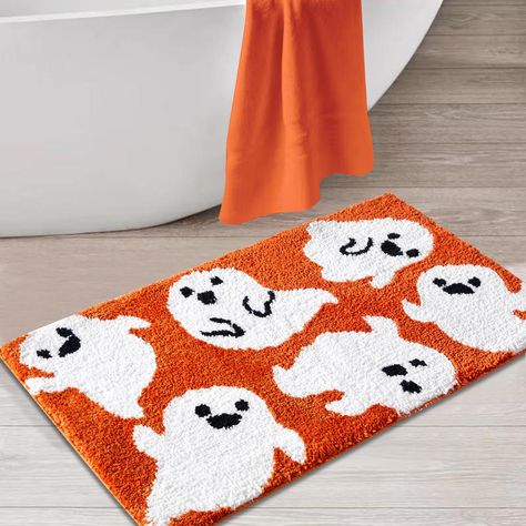 PRICES MAY VARY. -- SPOOKY BATH MAT HALLOWEEN BATHROOM DECOR -- The ghost bath mat's design is undeniably cute and adds a playful and charming touch to your bathroom decor It's a fun and whimsical piece that never fails to bring a smile to anyone who enters the room. Moreover, it will seamlessly complements your spooky decor theme, creating a slightly eerie ambiance. -- NON SLIP HALLOWEEN BATH MAT WITH HEAVY DUTY RUBBER BACKING -- The backing is actually a very important part which clearly conce Spookie Season, Floor Mats Living Room, Halloween Apartment, Halloween Rug, Shower Floor Mat, Halloween Bathroom Decor, Halloween Bath, Fall Bathroom Decor, Chenille Bath Mat