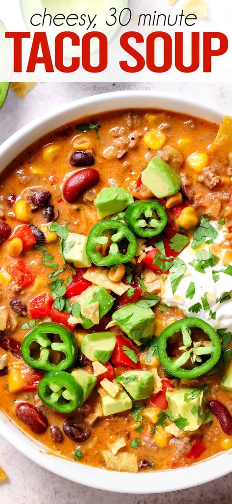 Taco Soup Recipe (with Creamy Taco Soup Variation!) - Carlsbad Cravings Cheesy Taco Soup, Creamy Taco Soup, Easy Taco Soup Recipe, Taco Soup Recipe Easy, Soup Video, Easy Taco Soup, Carlsbad Cravings, Comforting Soup, Keto Beef Recipes