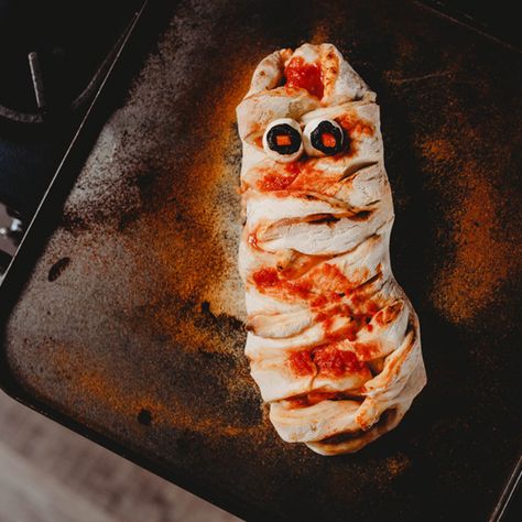 Mummy Stromboli, Margherita Recipe, Mozzarella Pearls, Halloween Mummy, Pizza Stone, Baking Flour, Roasted Veggies, Pizza Dough, Halloween Treats