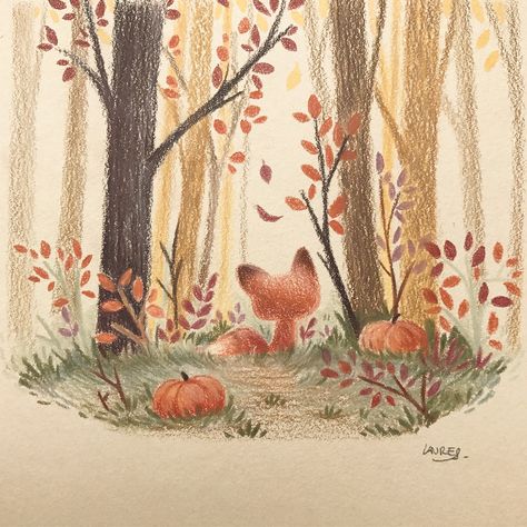 Banen Autumn Cute Drawing, Fall Illustration Art, Halloween Woods, Fall Drawings, Color Pencil Illustration, 동화 삽화, Autumn Illustration, Fox Illustration, Fox Art