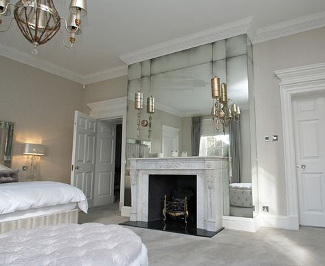 Master-Bedroom-Antique-Mirror-Fireplace Feature Fireplace, Fireplace Modern Design, Chimney Decor, Antique Mirror Glass, White Fireplace, Mirror House, Fireplace Mirror, Perfect Bedroom, Modern Fireplace