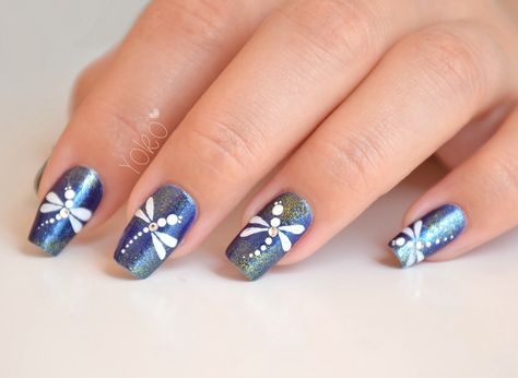 Dragonfly Gel Nails, Dragonfly Nails Designs, Dragon Fly Nails, Nails Printemps, Dragonfly Nails, Wednesday Nails, Insect Nails, Dragonfly Nail Art, Nail Info