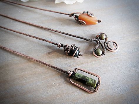 "These beautiful pins are made of thick 10 gauge organic copper wire and various semi-precious stones. The total length of the pins  varies from 12 to 13 cm (4,72\" to 5,11\").  The pin length measured from the base of the pin head is always 10 cm (3,93\"). The copper is oxidized, hammered and polished. You can choose from the following gemstones: SOLD OUT-green serpentine; SOLD OUT-dark green agate; SOLD OUT-green-orange unakite; -orange carnelian; Please, make your choice at the checkout." Swirly Jewelry, Copper Brooch, Wrapped Hair, Wire Jewerly, Pin Head, Copper Wire Jewelry, Repurposed Jewelry, Shawl Pins, Wire Pendant