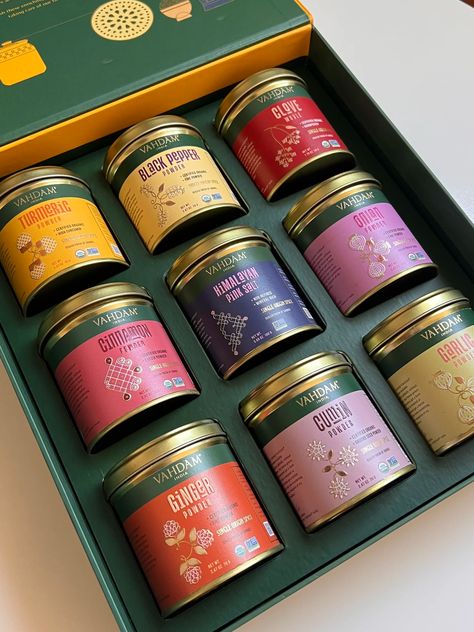 Vahdam Kitchen Essential Spice Box Review | POPSUGAR Food Spice Design Packaging, Spices Box Design, Spice Box Ideas, Repackaging Design, Masala Box Design, Spice Packaging Design Ideas, Spices Design, Spices Packaging Design, Food Packaging Ideas