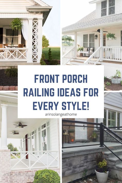 Porch Banister, Front Porch Railing Ideas, Porch Railing Ideas, Front Porch Stairs, Porch Handrails, Exterior Handrail, Front Porch Posts, Modern Farmhouse Porch, Porch Railing Designs