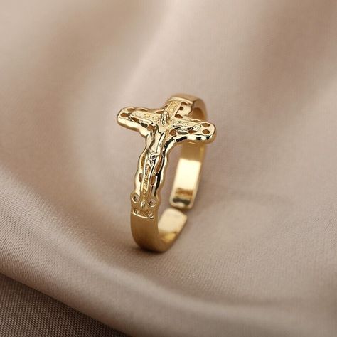 18K Gold Cross Ring, Gothic Cross Ring, Gold Jesus Cross Ring | eBay Cross Rings For Women, Jesus Ring, Cross Rings, Ring Party Jewelry, Jesus Cross, Ringe Gold, Cross Ring, Jewelry Lookbook, Christian Jewelry