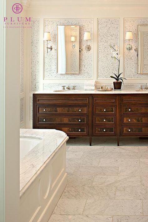 McGill Design Group - bathrooms - mahogany vanity, mahogany double vanity, mahogany washstand, mahogany double washstand, mahogany cabinets,... Bathroom Brown, Dark Wood Bathroom, Mahogany Cabinets, Bathroom Redo, Trendy Bathroom, Dream Bathrooms, Wood Bathroom, Marble Bathroom, Bathroom Remodel Master