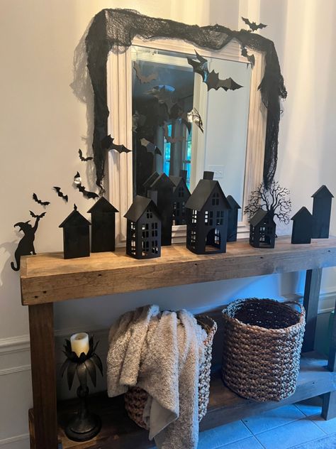 Halloween Entryway Table Decor, Halloween Foyer, Halloween Decorations Bats, Shop Halloween Decorations, Haunted Village, Halloween Entryway, Martha Stewart Halloween, Halloween Board, Halloween Bat Decorations