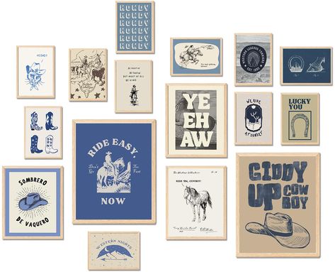 PRICES MAY VARY. Western home Decor (Wall Decor Aesthetic): This set of unframed western room decor wall prints combines elements such as horse, cowboy, hat, shoes, blue, cat, etc. This retro western cowboy decor set can add a western and antique artistic atmosphere to your room, making your home more unique and distinctive. This vintage western wall decor set will complement any interior design. Premium Quality Decor (Set Of 16 Unframed): These blue vintage southwestern decor for wall include 1 Modern Western Artwork, Western Maximalist Decor, Vintage Western Wall Art, Vintage Cowboy Bedroom, Space Cowboy Nursery, Vintage Cowboy Decor, Western Vintage Decor, Coastal Cowboy Home, Cowboy Toddler Room