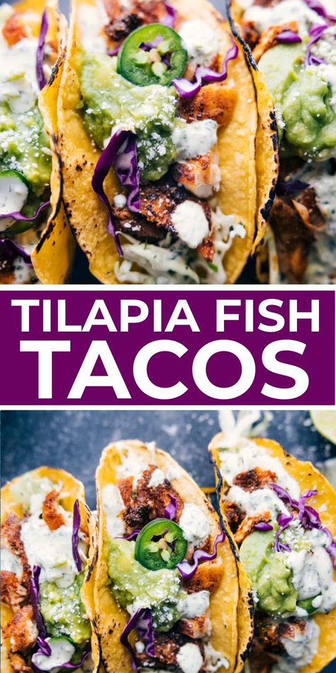 These tasty Tilapia Fish Tacos start with charred corn tortillas and are loaded with a saucy cilantro-lime slaw, taco-seasoned Tilapia, and a scoop of guacamole. These light, flavorful tacos are packed with good-for-you ingredients! #dinner #healthy #light #fresh #tortillas #slaw #familyfriendly #kidfriendly #tilapia #fish #tacos Fish Tacos With Tilapia, Fish Taco Marinade Tilapia, Tilapia Taco, Mediterranean Fish Tacos, Baked Tilapia Tacos, Fish Talipa Recipes, Fish Tacos For Diabetics, Low Calorie Fish Tacos, Tilapia Tostadas