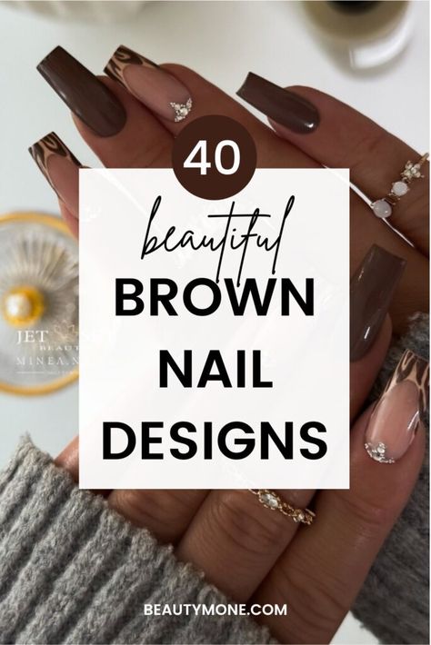 40 Brown Nail Designs To Rock This Season With Style ⋆ Beautymone Nail Art Designs Brown Color, Brown Winter Nail Designs, Brown And Gold Glitter Nails, Black White And Brown Nails, Mocha French Tip Nails, Nail Inspiration Fall 2024, Black And Tan Nail Ideas, Brown Yellow Nails, Dark Brown Glitter Nails