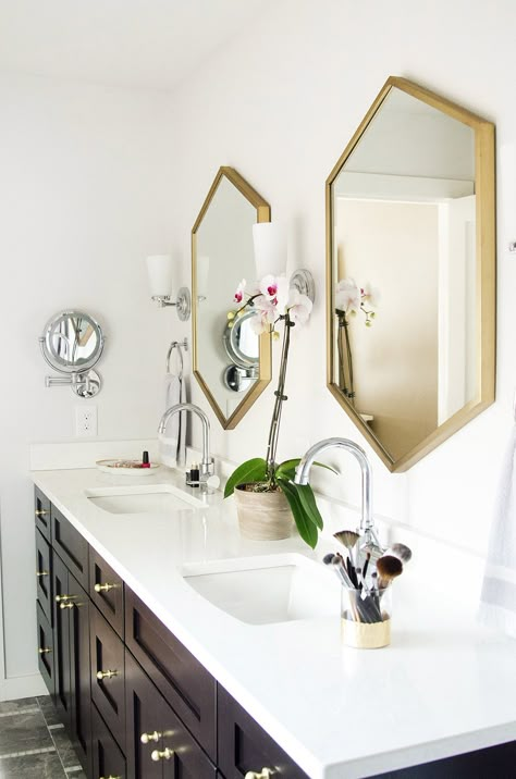 Master Bathroom Remodel - brass mirrors with chrome faucets. Click through for the full before and after. #bathroomideas #bathroomremodel #bathroomdesign #interiordesign #desmoines Zurich House, Pinterest Bathroom, Rustic Remodel, Bathroom Mirror Design, House Mafia, Double Sinks, Bathroom Model, Bad Inspiration, Mirror 3