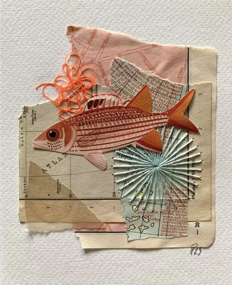 Paper And Fabric Art, Collage Art Design Ideas, Petra Heidrich, Fish Collage, Collage Challenge, 3d Collage, Collage Journal, Collage Art Projects, Paper Collage Art