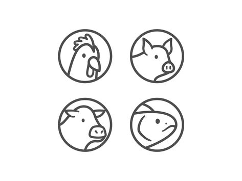 Animals simple face circle stroke line iconography icon fish pig cow chicken Animal Icon Design, Cow Icon, Chicken Icon, Pig Logo, Cow Logo, Chicken Logo, Fish Icon, Logo Animal, Farm Logo