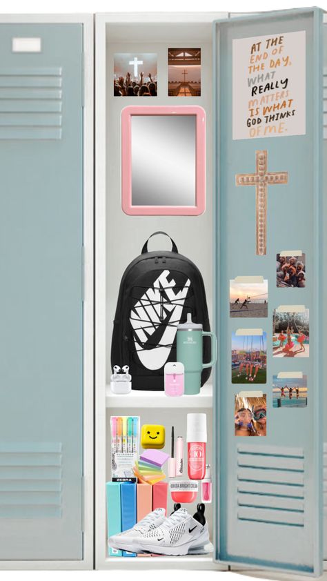 #jesus #backpack #backtoschool #lockers #locker #lockerstuff #preppy #preppyinspo #friends #preppyaesthetic #preppylocker #preppyschoolsupplies 6th Grade Locker Ideas, Aesthetic Locker Decor, Middle School Aesthetic, Cute Locker Ideas, Locker Essentials, School Locker Organization, School Locker Decorations, Middle School Lockers, Middle School Essentials