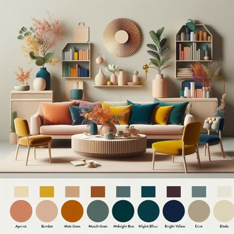 Blue And Amber Color Palettes, Muted Colorful Living Room, Wall Color Ideas For Living Room, Colourful Houses Interior, Living Room Color Theme, Sofa Terracota, Living Room Inspiration Color, Nordic Living Room Inspiration, Common Area Design