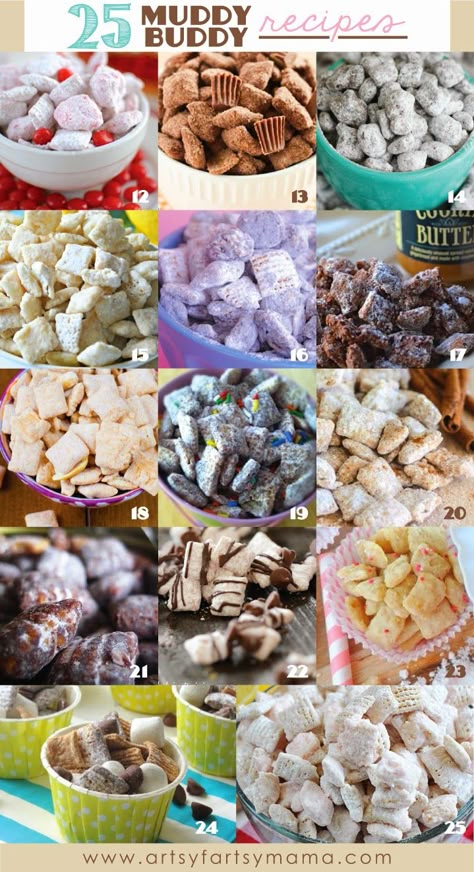 25 Muddy Buddy Recipes | artsy-fartsy mama Muddy Buddy Recipes, Puppy Chow Snack, Chex Recipes, 365 Jar, Chex Mix Puppy Chow, Muddy Buddies Recipe, Muddy Buddy, Puppy Chow Recipes, Chex Mix Recipes