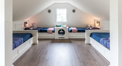 From bunk beds to bunk rooms, we’ve got a number of stylish kid's bedrooms that will have you planning your next sleepover party. Eaves Storage Ideas, Low Ceiling Attic Bedroom, Traditional Kids Bedroom, Stylish Kids Bedroom, Dormer Bedroom, Low Ceiling Attic, Built In Beds, Rv Port, Purple Girls Bedroom