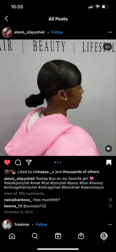 Slick Back Ponytail Knot Bun, Low Knot Bun With Swoop, Swoop Slick Back Ponytail, Swoop With Two Buns, Swoop Knot Bun, Swoop Bun Natural Hair, Slick Back Knot Bun, Knot Bun With Swoop, Side Swoop Bun