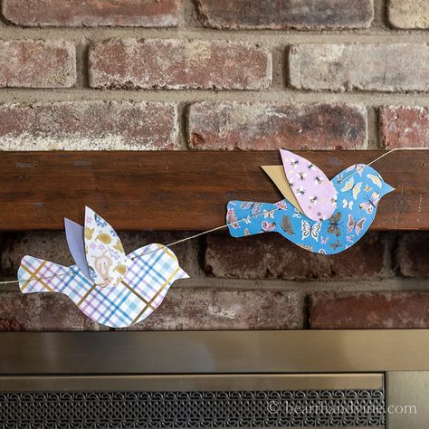 DIY Paper Garland Spring Birds Diy Paper Bird, Diy Paper Garland, Bird Garland, Flower Decoration Ideas, Bird Study, Birthday Boards, Spring Mantel, Diy Flower Boxes, Bird Template