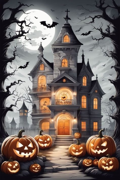 A halloween theme with fun and scary spirit of pumpkins carv... by Pinny Pinny - Playground Skull Theme Party, Halloween Party Inspo, Party Decor Inspiration, Haunted House Clipart, Hunted House, Halloween Live Wallpaper, Dekorasi Halloween, Halloween Pics, Pumpkin Wallpaper