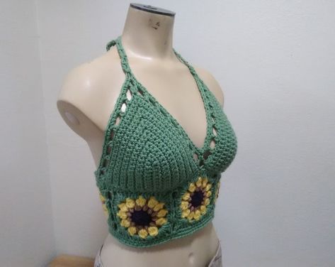 Sunflower Crop Top, Boho Tops Summer, Hippie Crochet, Crochet Bralette, Crochet Sunflower, Crochet Summer Tops, Crochet Halter, Crochet Summer, Bralette Crop Top