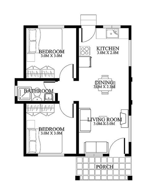 Single Story Small House Plan Floor Area 90 Square Meters Below Two Bedroom Apartment, Small Floor Plans, Little House Plans, Two Bedroom House, 2 Bedroom House Plans, Free House Plans, A Small House, Small House Floor Plans, 4 Bedroom House Plans