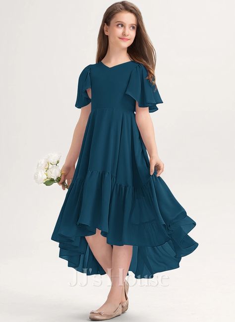 A-line V-Neck Asymmetrical Chiffon Junior Bridesmaid Dress (009217810) Party Frocks For Teenagers, Party Frock Design For Teenagers, Frocks For Teenager, Premiere Outfits, Ruffle Dress Casual, Girls Ruffle Dress, Ruffle Dresses, Party Frocks, Stitching Dresses