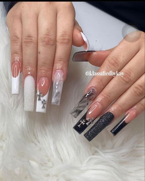 Clear Blue Glitter Nails, Acrylic Nails Toes Art Designs, Aesthetic Grunge Nails, Nail Inspo Tapered Square, Aquarius Birthday Nails, Long Acrylic Nails Square, Freestyle Acrylic Nails, Freestyle Nails, Grey Acrylic Nails