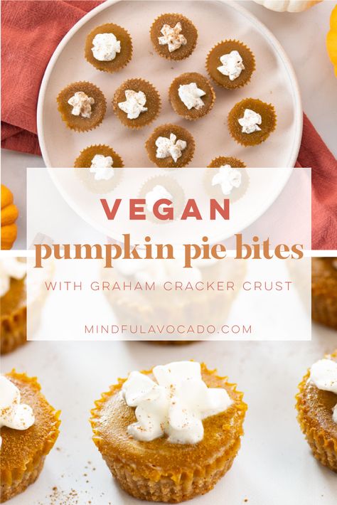 Vegan pumpkin pie bites with graham cracker crust are the best dessert recipe! Perfect for Thanksgiving or any Fall occasion, these bites are fun and easy to make! #thanksgiving #vegandessert #pumpkinpie #veganpumpkinpie | Mindful Avocado Vegan Pumpkin Pie Cups, Vegan Pumpkin Pie Graham Cracker Crust, Mini Vegan Pumpkin Pies, Vegan Pumpkin Pie Bites, Easy Vegan Thanksgiving Dessert, Vegan Friendsgiving, Vegan Thanksgiving Desserts, Vegan Pumpkin Pie Filling, Vegan Pumpkin Pie Bars