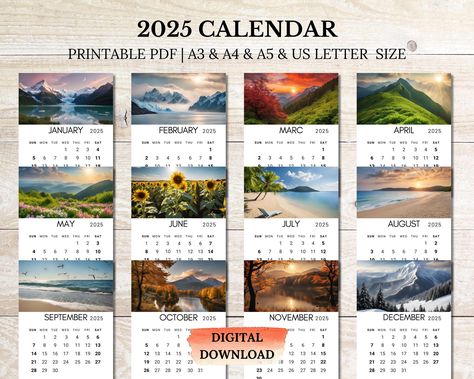 Calendar 2025 Printable|Monthly Calendar 2025|Wall Calendar 2025|Printable 12-Month Nature Landscape Digital Calendar by GKDigitalDesignss on Etsy 2025 Printable, Calender Printables, Landscape Digital, Monthly Photos, Digital Calendar, Monthly Calendar Printable, Printable Calendar, Calendar Printables, Nature Landscape