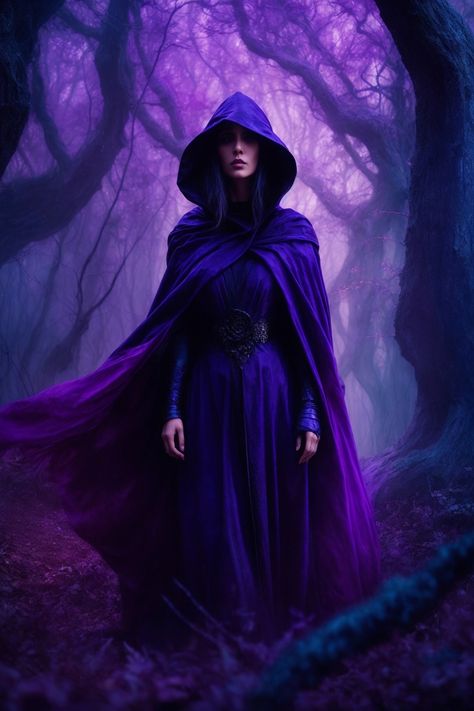 Dark Sorceress Outfit, Purple Energy Aesthetic, Dark Purple Aesthetic Outfit, Purple Witch Outfit, Dark Fantasy Witch, Purple Witch Aesthetic, Mage Clothing, Chaos Energy, Warrior Witch