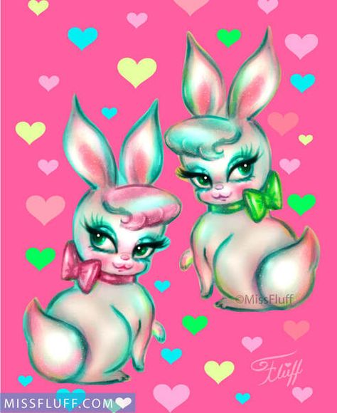 Miss Fluff's Blog - The Art of Claudette Barjoud, a.k.a Miss Fluff Happy Easter Vintage, Bashful Bunny, Chicken Fries, Bunny Stickers, 50s Art, Miss Fluff, Easter Vintage, Vintage Inspired Art, Festival Poster