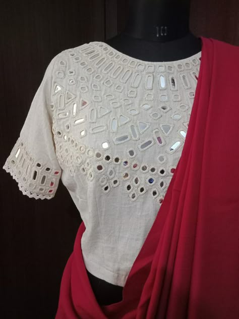 Ivory Blouse with Hand Embroidered Mirror Work Mirror Work Crop Top Design, Mirror Work On Saree, Mirror Work On Dress, Latest Mirror Work Dresses, Mirror Blouse Designs Latest, Mirror Work Blouse Designs Latest, Blouse Mirror Work Designs, Mirror Work Blouse Design Embroidery, Blouse Designs Mirror Work