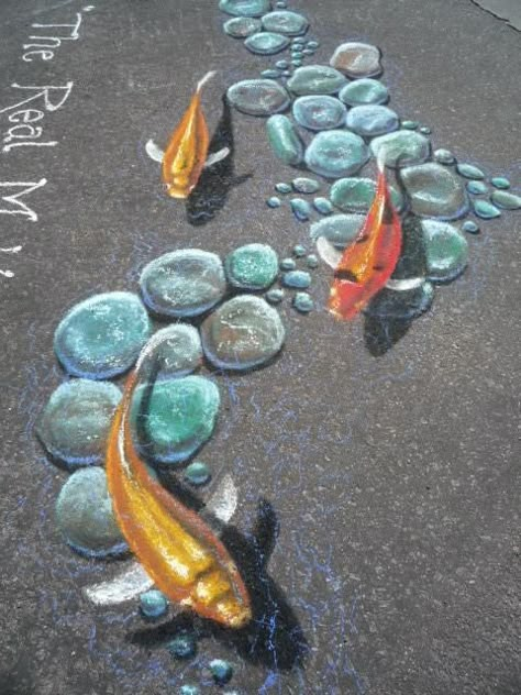 koi ~ street art, bob diven 3d Sidewalk Art, Street Chalk Art, Chalk Activities, Illusion Kunst, Pavement Art, 3d Chalk Art, Chalk Ideas, Sidewalk Chalk Art, Arte Peculiar