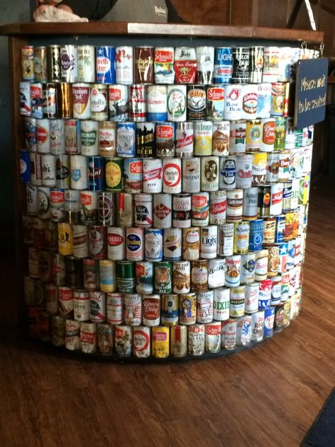 Decorating with your beer can collection. Bar ideas. Beer Can Collection Display Ideas, Diy Beer Cans Ideas, Beer Can Projects, Old Beer Cans Ideas, Beer Can Art Ideas, Beer Can Display Ideas, Beer Can Ideas, Beer Cans Crafts Ideas, Beer Can Crafts