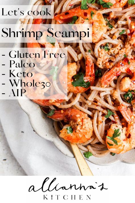 This gluten free shrimp scampi is everything shrimp scampi should be: simple, garlic-y, buttery, zesty, and full of flavor. In this recipe, I include multiple pasta options which makes it paleo, keto, AIP, and Whole30 friendly. This crowd pleasing recipe is quick, easy and clean. It be on the dinner table within 15 minutes. #glutenfree #paleo #keto #whole30 #healthyrecipe Aip Shrimp Scampi, Whole 30 Shrimp Scampi, Paleo Shrimp Scampi, Aip Shrimp Recipes, Whole 30 Shrimp, Aip Shrimp, Gluten Free Shrimp, Shrimp Pasta Recipes Easy, Autoimmune Paleo Recipes