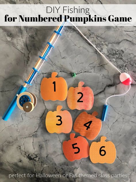 DIY Fishing for Numbered Pumpkins Game Diy Fishing Game, Pumpkin Fish, Halloween Toddler Party, Halloween Diy Kids, Fishing Games For Kids, Fall Party Games, Kindergarten Party, Pumpkin Games, Senior Games