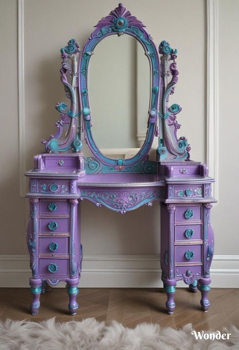 Blue And Purple Furniture, Purple Vanity Ideas, Purple Furniture, Whimsical Bedroom, Whimsical Painted Furniture, Fantasy Furniture, Whimsical Furniture, Vanity Ideas, Goth Home Decor