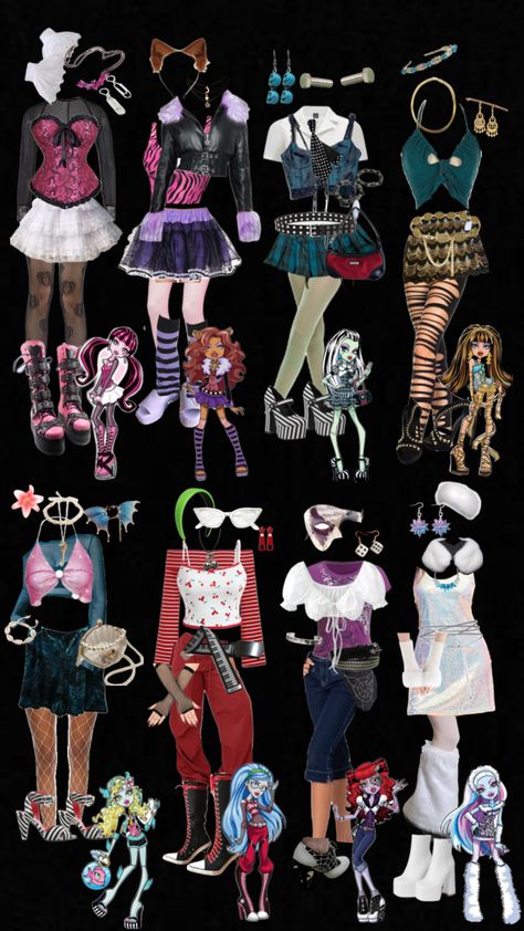 Monster high girls 🩷 Monster High Rave Outfit, Monster High Dress Pattern, Monster High Outfits Inspiration, Monster High Outfit Ideas, Monster High Inspired Outfits, Monster High Party Ideas, Monster High Outfits, Monster High Aesthetic, Monster High Girls