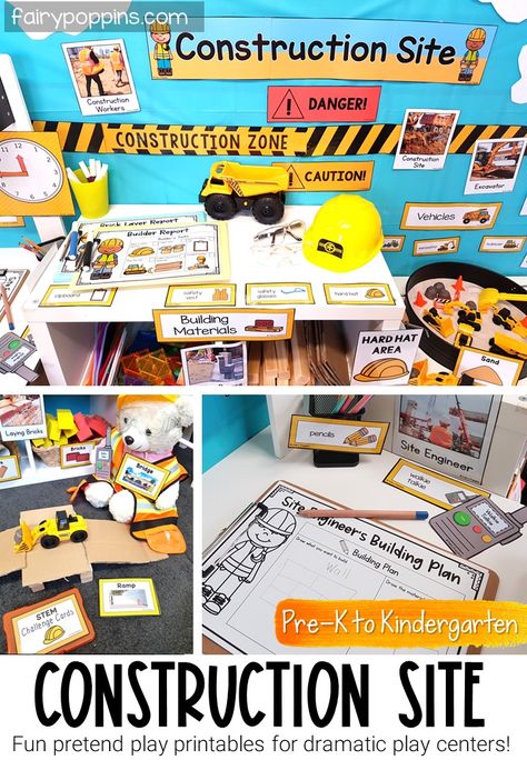 This construction site dramatic play center helps kids engage in pretend play and develop STEM skills. It includes printables for areas such as a construction site, building zone, box construction and tinkering table. #constructionsite #constructiontheme #constructiondramaticplay #communityhelper #dramaticplay #pretendplay #dramaticplaycenter #pretendplaycenter #blockcenter #stemchallenge #blockplay #preschool #prek #kindergarten #kidsplay #learnthroughplay #playideas #looseparts Construction Dramatic Play, Store Dramatic Play, Fairy Poppins, Pretend Play Printables, Preschool Construction, Play Preschool, Play Printables, Dramatic Play Center, Dramatic Play Printables