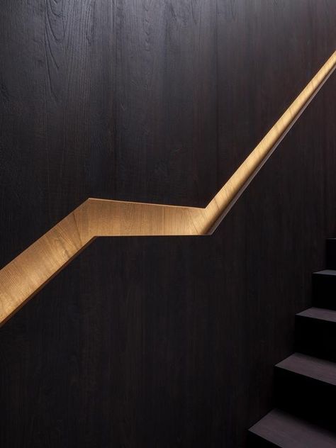 Stairs Handle, Modern Design Interior, Handrail Lighting, Stairs Lighting, Staircase Interior Design, Black Stairs, Interior Cladding, Staircase Handrail, Designer Aesthetic