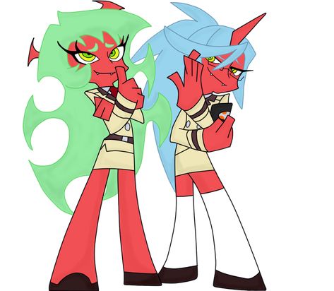 Scanty and Kneesocks are two high class demon sisters and the secondary antagonists of the anime series Panty and Stocking with Garterbelt. They may be the daughters of Corset, the mayor of Daten City (although it is possible that they might just be his employees), and are Panty and Stocking's complete opposite counterparts and arch-rivals. Scanty was voiced by Yuka Komatsu in the Japanese version, and Colleen Clinkenbeard in the English dubbed version. Kneesocks was voiced by Ayumi Fujimura ... Scanty And Kneesocks, Panty And Stocking Anime, Panty Stocking, Panty And Stocking, Eyeball Art, Sister Poses, Batman Symbol, 영감을 주는 캐릭터, Red Riding Hood