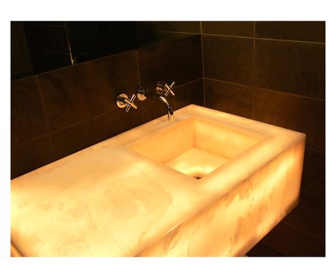 Custom Fabricated Onyx Vanity: #111 White Cloud Premium - Polished with Integral Sink & 12” Mitered Apron Guest Bath Vanity, Onyx Vanity, Nyc Townhouse, Bathroom Vanity Countertops, Sink Lights, Marble Vanity, Bathroom Design Decor, Slate Tile, Bathroom Countertops