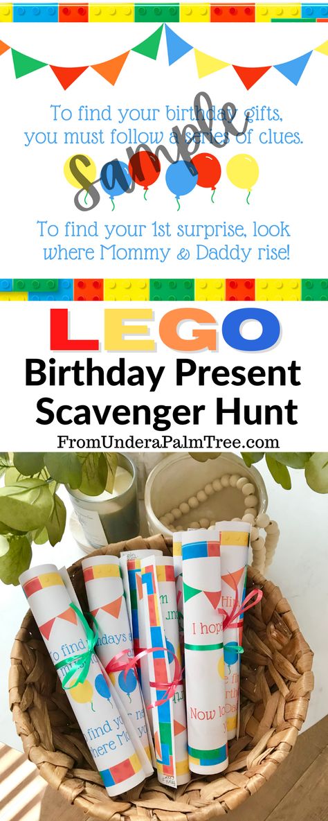 Lego Birthday Present Scavenger Hunt < From Under a Palm Tree Lego Treasure Hunt, Legoland Tickets Printable Free, Lego Scavenger Hunt, Birthday Present Scavenger Hunt, Lego Easter, Lego Plates, Easter Scavenger Hunt, Scavenger Hunt Birthday, Ninjago Birthday