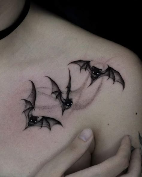 Unique Ghost Tattoo, Bat And Spider Tattoo, Witchy Filler Tattoo Ideas, Small Black And Red Tattoo, Bat Tattoo Shoulder, Small Gothic Tattoo Designs, Vampiric Tattoos, Bat Hip Tattoo, Spooky Neck Tattoo