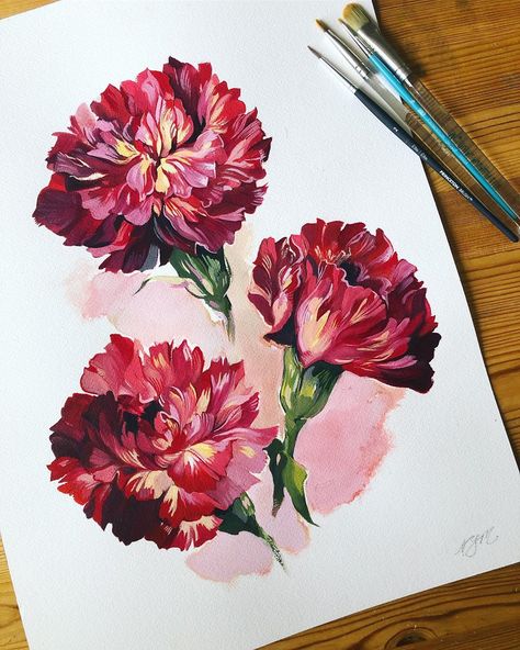 Painting Carnations Flower, Red Carnation Painting, Red Carnation Drawing, Carnation Flower Art, Art With Flowers Petals, Carnation Painting Acrylic, Carnation Flower Painting, Maroon Painting, Carnations Painting