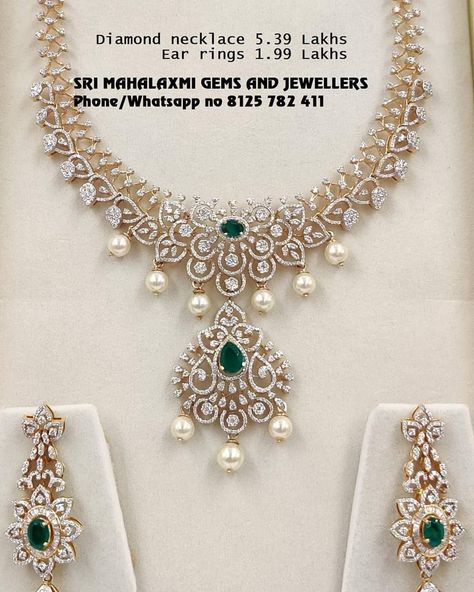 SRI MAHALAXMI GEMS & JEWELLERS on Instagram: “Diamond prices most competitive. Presenting a  very simple n beautiful Necklace plus ear rings. Visit us for best designs at value for…” Sri Mahalaxmi Gems And Jewellers, Designer Diamond Jewellery, Diamond Necklace Designs, Diamond Jewelry Designs, Ear Rings, Bridal Jewellery, Diamond Jewellery, Beautiful Necklace, Jewellery Designs